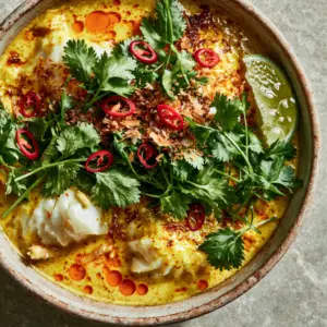 Extreme close-up of pearly white cod submerged in golden coconut curry sauce with orange chili oil droplets. (coconut curry cod)