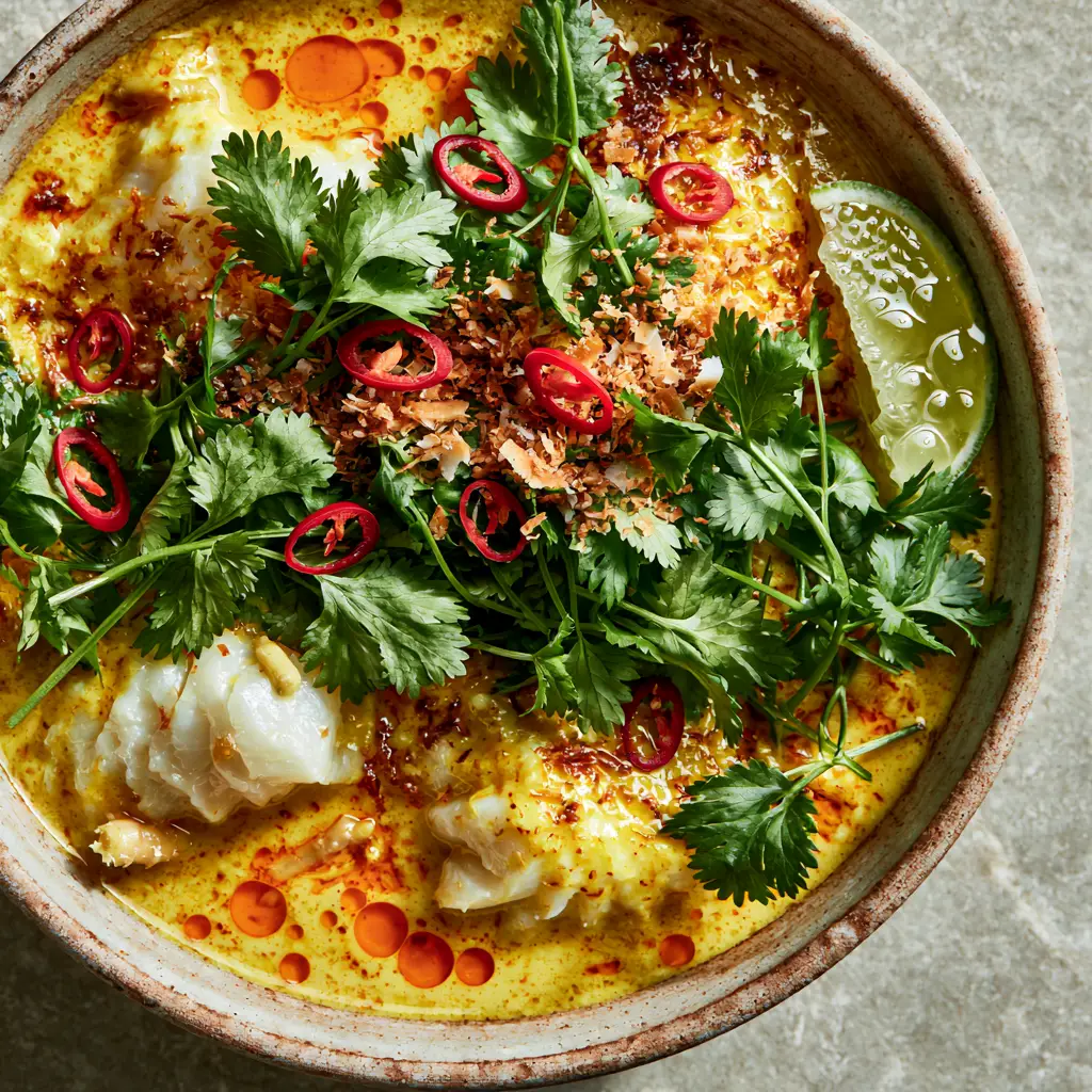 Coconut Curry Cod with Golden Poached Fillets and Toasted Coconut 2 Extreme close-up of pearly white cod submerged in golden coconut curry sauce with orange chili oil droplets. (coconut curry cod)