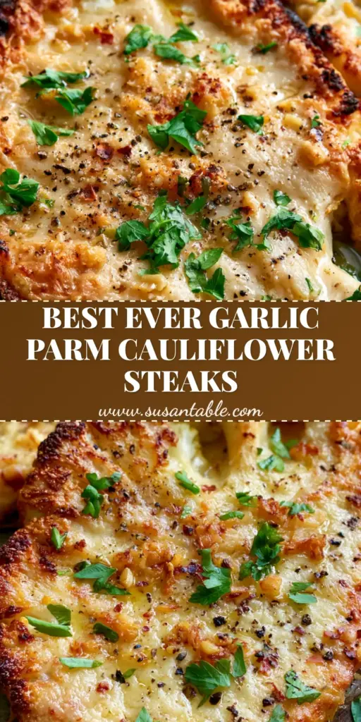 Cauliflower Steaks Recipe with Roasted Garlic and Bubbly Vegan Parmesan Crust 4 A close-up shot of two thick-cut cauliflower steaks with charred edges and a bubbly vegan parmesan crust on a dark baking sheet. (cauliflower steaks recipe)