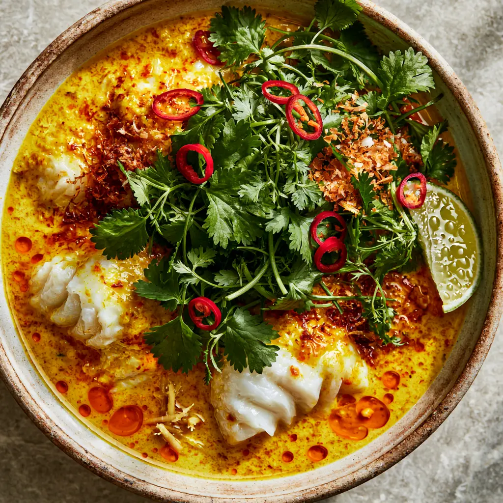 Coconut Curry Cod with Golden Poached Fillets and Toasted Coconut 1 Overhead shot of golden coconut curry cod garnished with toasted coconut, cilantro, and red chilies.