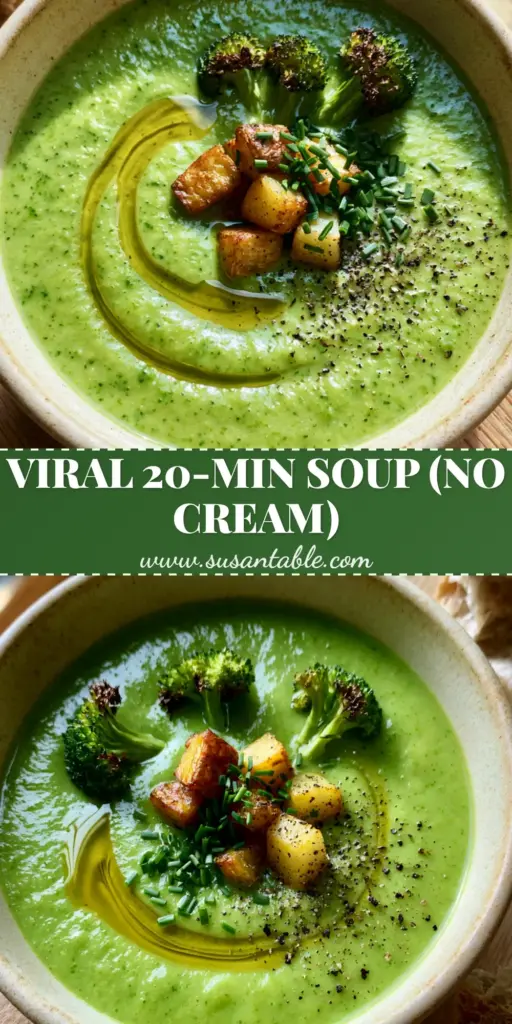 Broccoli Potato Soup: The Ultimate Creamy Emerald Green Comfort 3 A close-up shot of vibrant emerald Broccoli Potato Soup topped with charred florets and crispy potato croutons in a cream bowl.