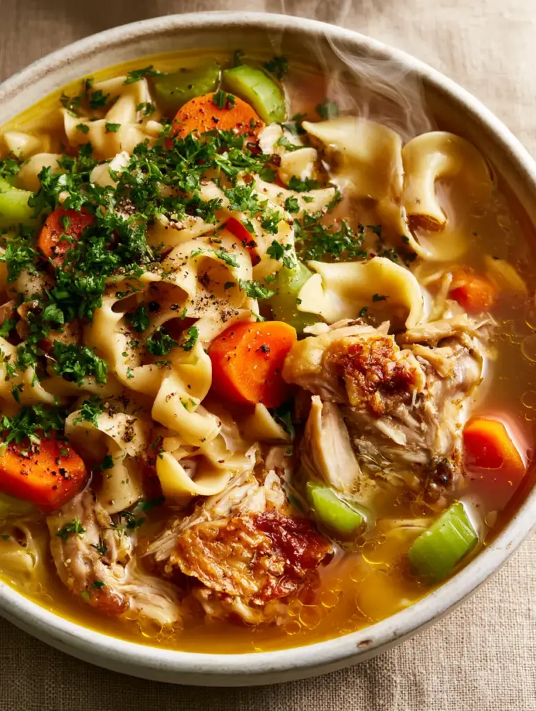 Close-up of shimmering amber chicken broth with glistening oil droplets and fresh parsley. (chicken noodle soup)
