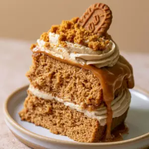 A fresh slice of moist Biscoff cake on a ceramic plate, showing the airy spiced crumb and thick whipped buttercream layers.