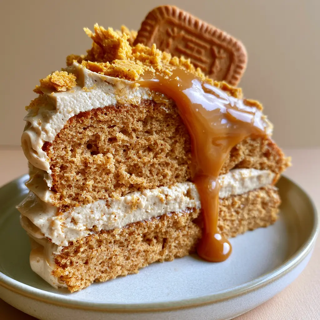 Close-up of the caramel-colored glossy Biscoff drip running down the side of a golden-brown cake.