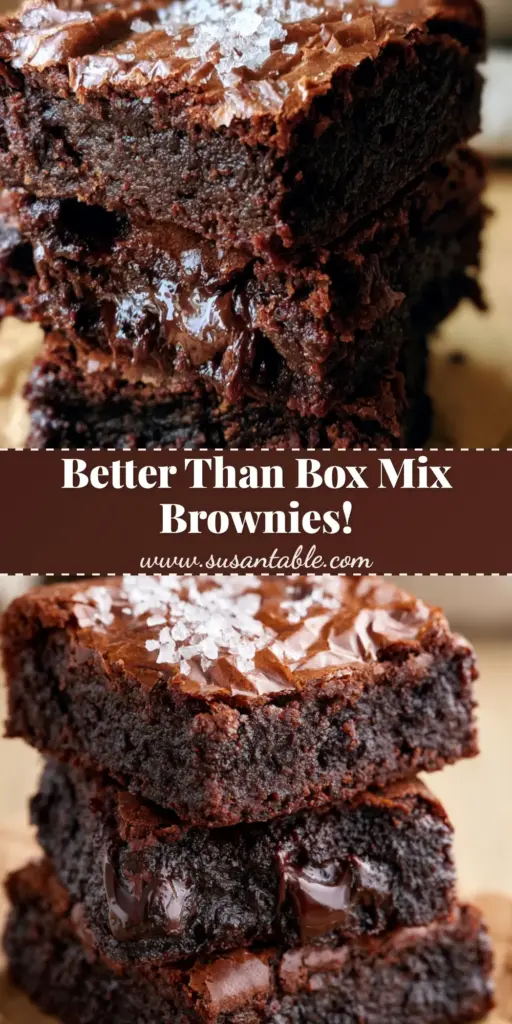 A tall stack of three thick, ultra-fudgy homemade brownies with a shiny crinkly top and flaky sea salt on brown parchment paper.