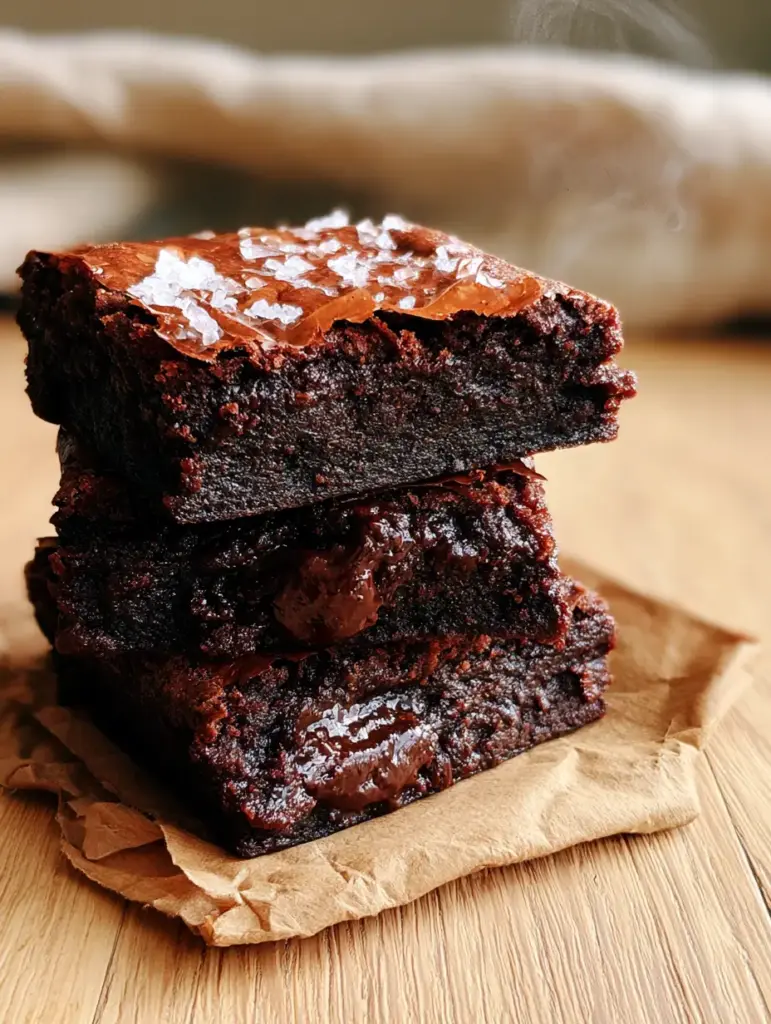 Close-up of thick homemade brownies showing the dense gooey center and molten chocolate pockets.