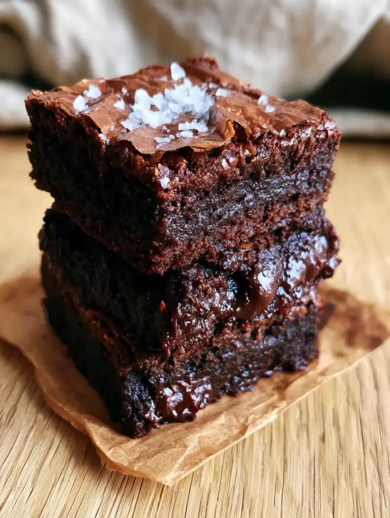 Homemade brownies cooling on crumpled parchment paper on a rustic oak table with a wisp of steam.