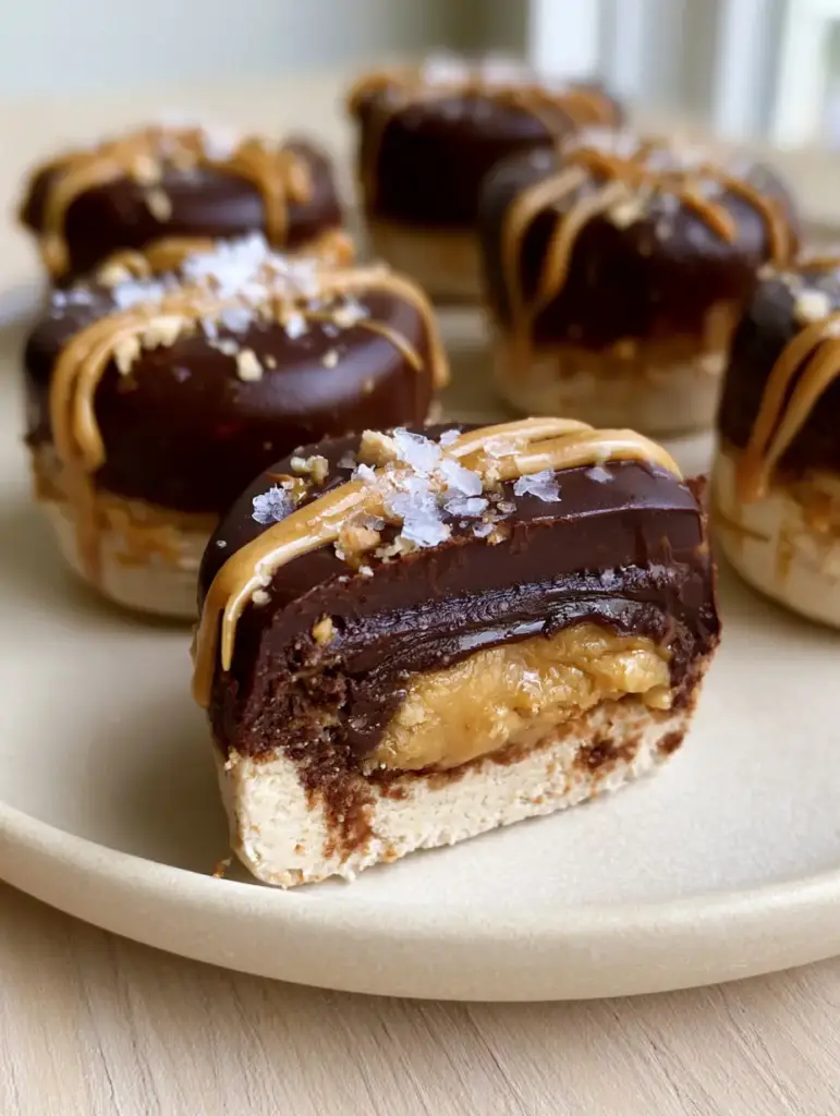 A close up handheld smartphone photo of frozen peanut butter greek yogurt bites sliced in half to reveal distinct physical layers and a decadent core of smooth golden peanut butter.
