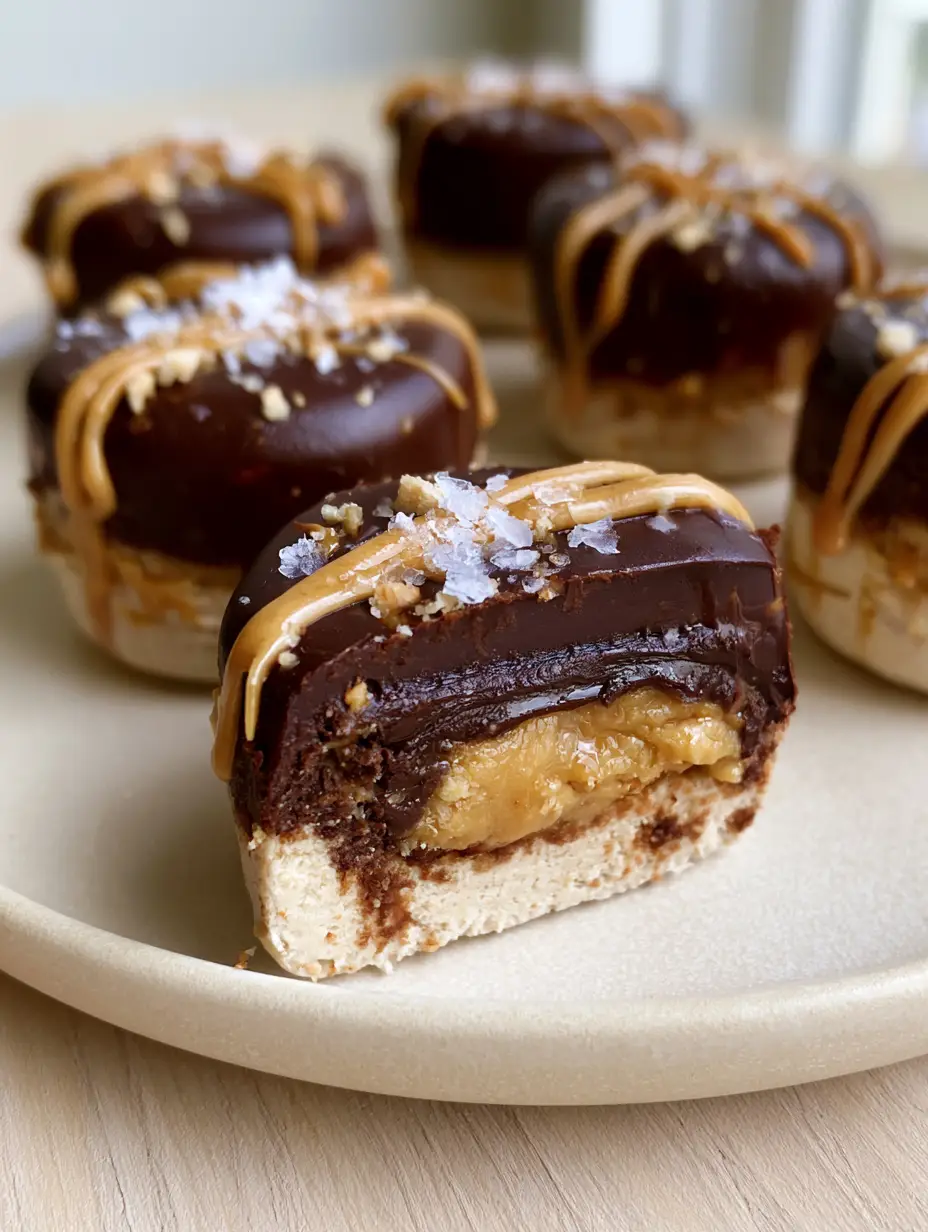 peanut butter greek yogurt bites Recipe (Frozen & Healthy Dessert) 3 A close up handheld smartphone photo of frozen peanut butter greek yogurt bites sliced in half to reveal distinct physical layers and a decadent core of smooth golden peanut butter.