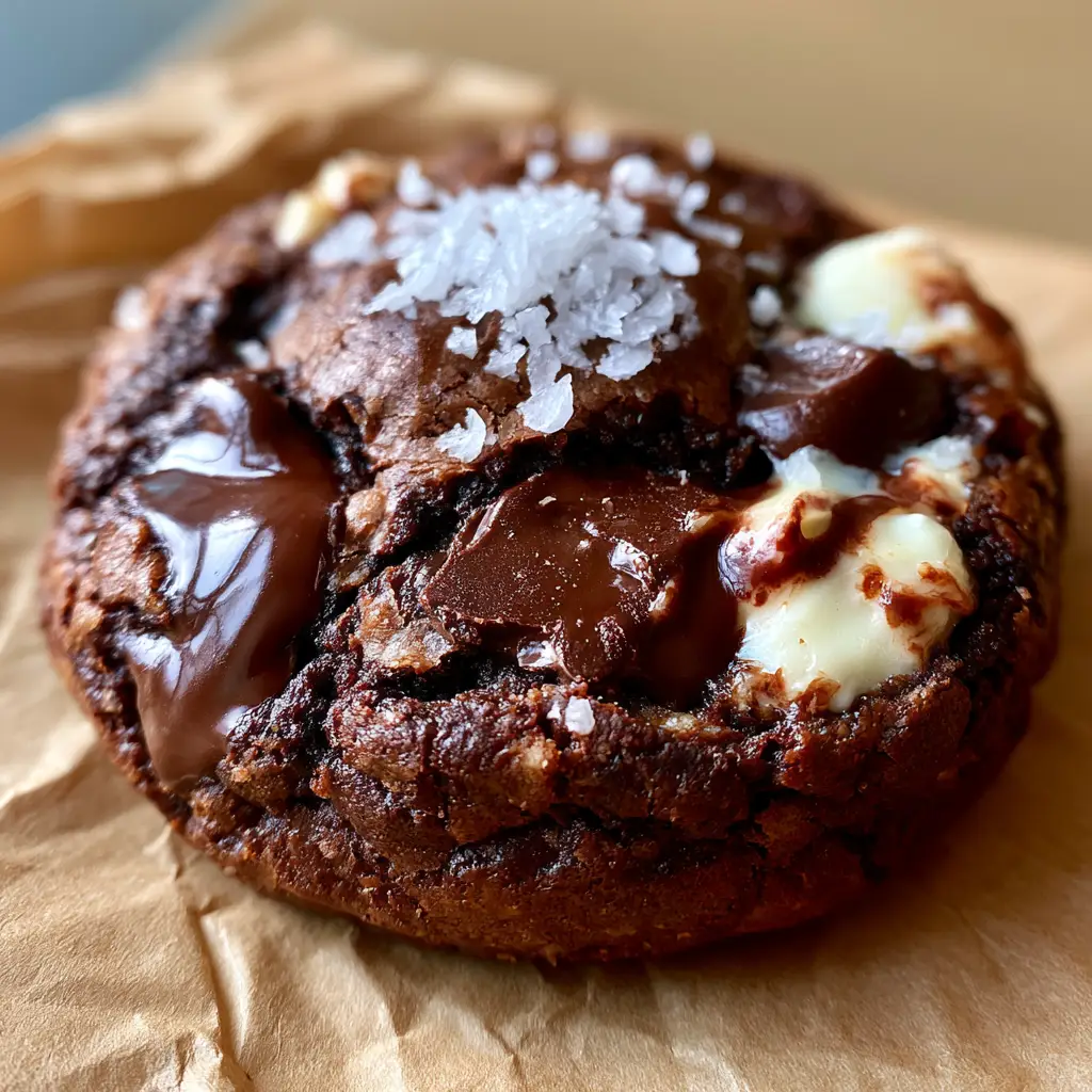 Home 6 Close-up handheld photo of a warm Triple chocolate cookie showing the crinkly crust and molten chocolate pools.