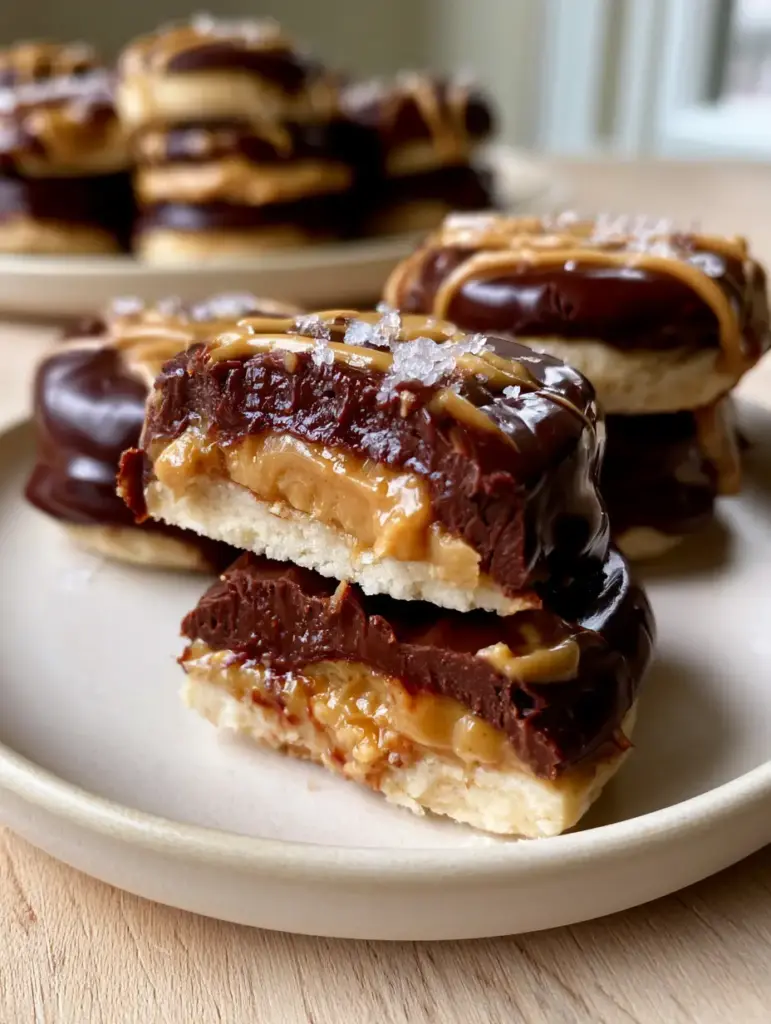 peanut butter greek yogurt bites Recipe (Frozen & Healthy Dessert) 1 Glistening flaky sea salt crystals and a thin elegant drizzle cascading over the subtle frozen sheen of a dark chocolate peanut butter greek yogurt bite.