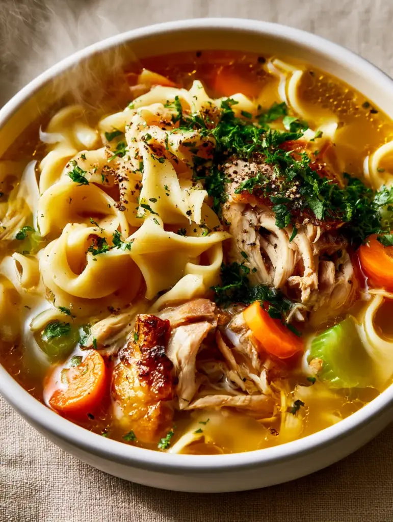 Chicken Noodle Soup with Rotisserie Chicken and Amber Broth 1 Spoonful of thick wavy egg noodles and rotisserie chicken with roasted skin in a white bowl. (chicken noodle soup)
