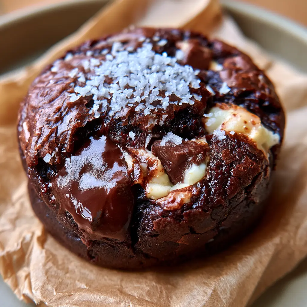 Triple chocolate cookies: The Ultimate Fudgy Bakery-Style Recipe 1 A stack of Triple chocolate cookies on crumpled brown parchment paper with flaky sea salt crystals on top.