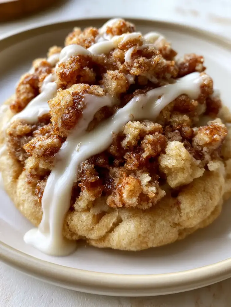 Handheld smartphone photo of a soft-batch coffee cake cookie with thick glaze. (coffee cake cookies)