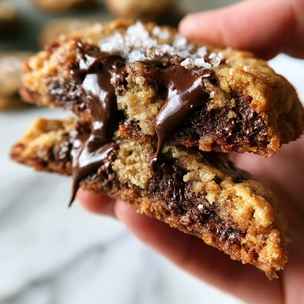 Handheld smartphone photo of a thick warm chocolate chip cookie being pulled apart showing gooey marshmallow stretch. (high altitude chocolate chip cookie recipe)