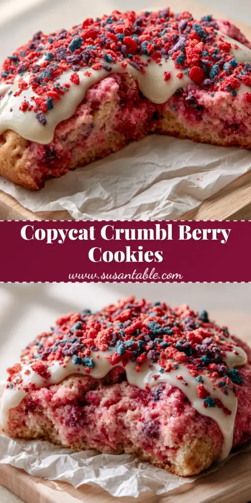 Crumbl Berry Crunch Cookies Recipe (Copycat Cereal Treats) 3 A stack of thick, pink crumbl berry crunch cookies with a white glaze drizzle and colorful cereal topping.