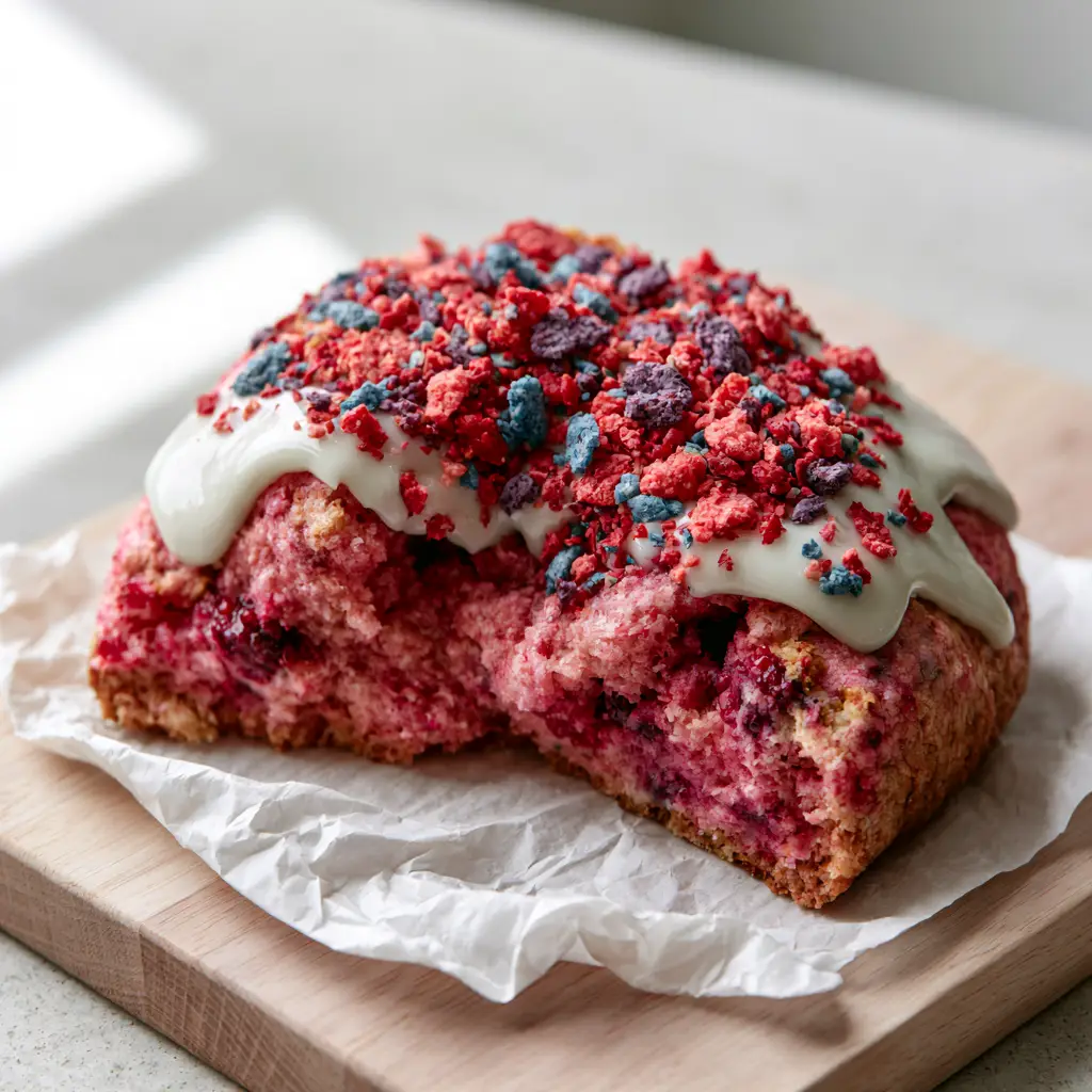 A close-up high-angle photo of a giant pink crumbl berry crunch cookie cut in half to show the gooey interior.