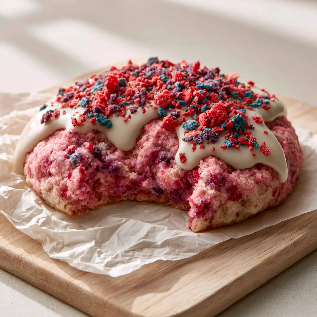 Crumbl Berry Crunch Cookies Recipe (Copycat Cereal Treats) 1 Macro shot of crumbl berry crunch cookies showing the glossy white glaze and crushed berry cereal.