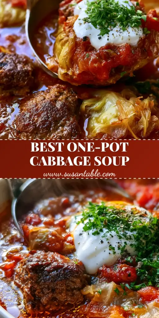 Cabbage Roll Soup: The Best Unstuffed Comfort Food Recipe 4 A rustic white pot filled with cabbage roll soup, featuring seared beef crumbles, green cabbage ribbons, and a swirl of sour cream. (cabbage roll soup)