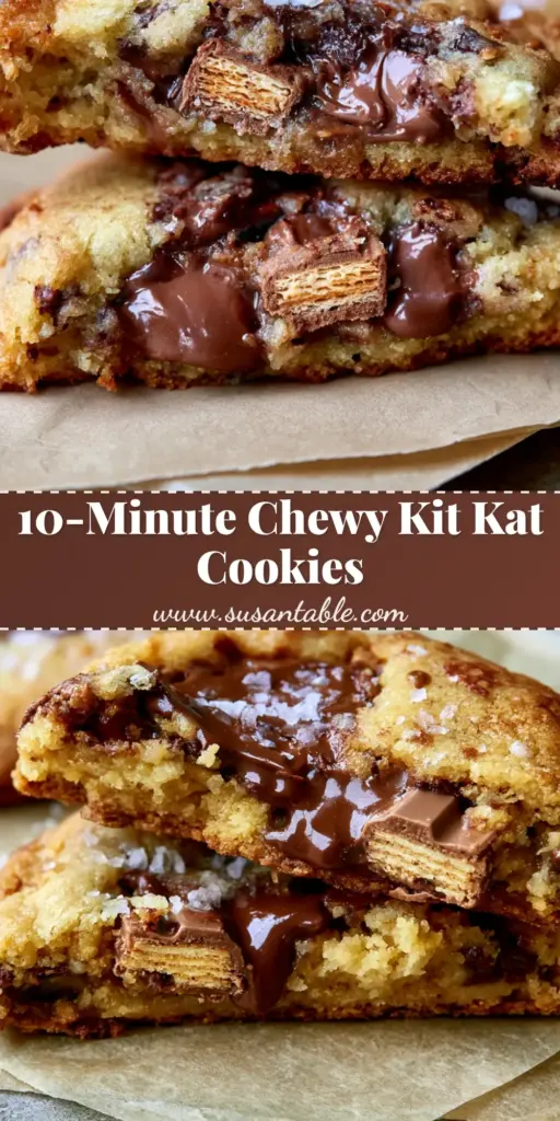 Kit Kat Cookies: Thick & Chewy Soft-Baked Chocolate Chip Recipe 3 A close-up shot of Kit Kat Cookies showing melted chocolate chips and crunchy wafer layers on parchment paper.