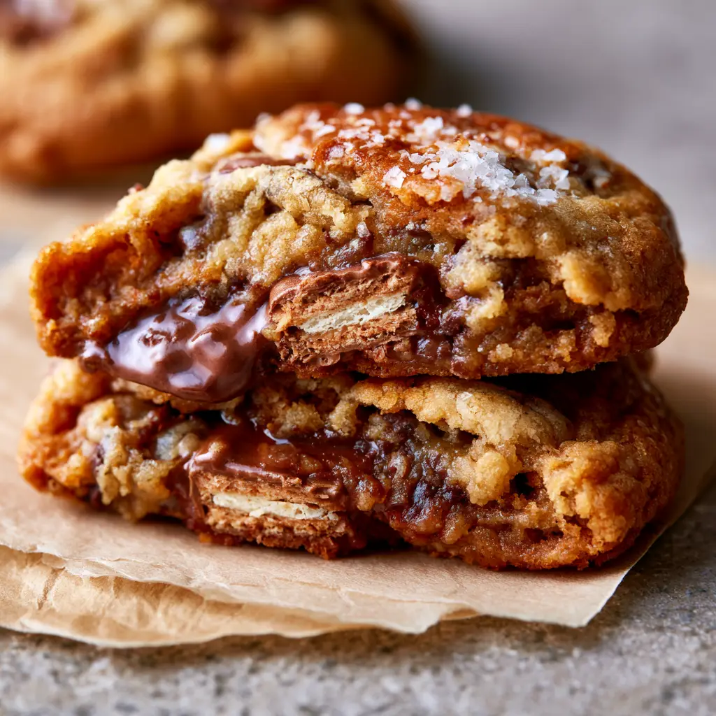 Macro photo of a Kit Kat Cookie broken in half to reveal a gooey, soft-baked center and chocolate pools.