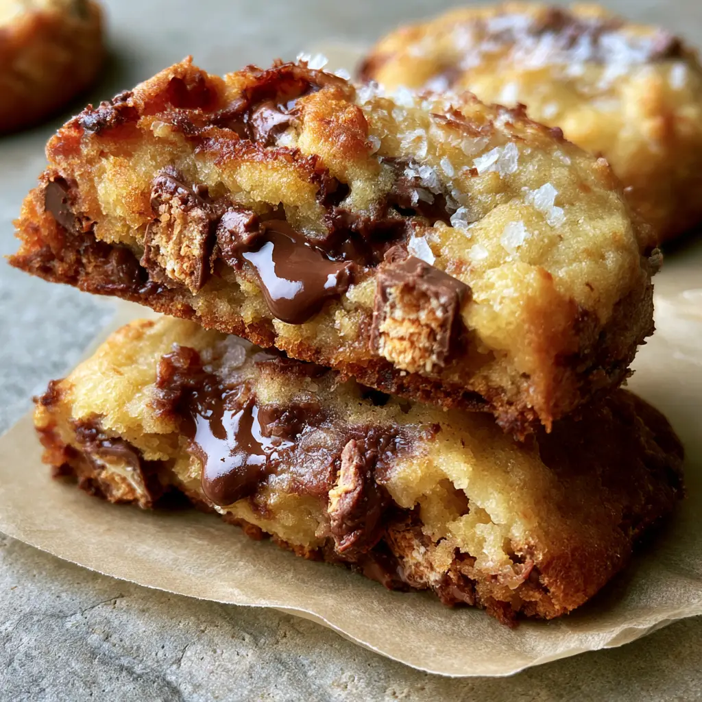 Kit Kat Cookies: Thick & Chewy Soft-Baked Chocolate Chip Recipe 1 Thick Kit Kat Cookies with golden toasted edges and a sprinkle of sea salt on a stone background.