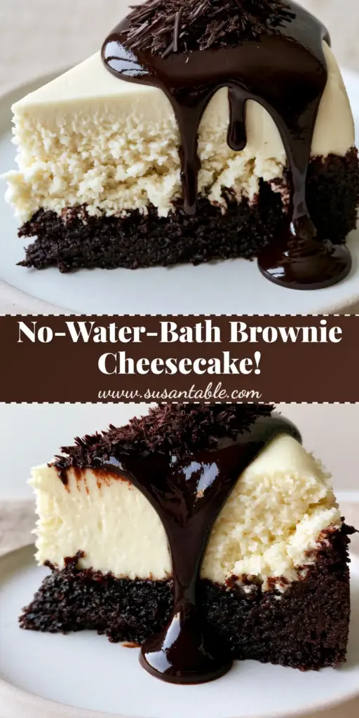 Brownie Bottom Cheesecake: The Ultimate Fudgy and Creamy Dessert 4 A slice of Brownie Bottom Cheesecake on a white plate showing thick fudgy brownie crust, velvety ivory cheesecake, and glossy dark chocolate ganache drip.