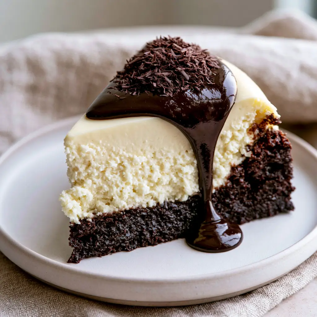 Close-up profile of a slice of Brownie Bottom Cheesecake showing distinct layers of dense dark brownie and ivory cream cheese.