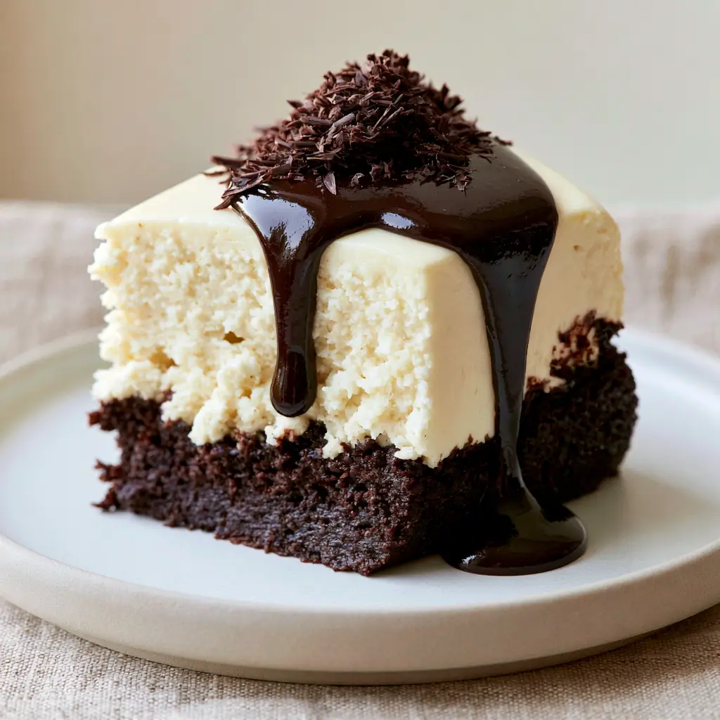 Brownie Bottom Cheesecake: The Ultimate Fudgy and Creamy Dessert 1 A slice of Brownie Bottom Cheesecake featuring a glossy dark chocolate ganache sauce dripping elegantly down the side with shaved chocolate garnish.