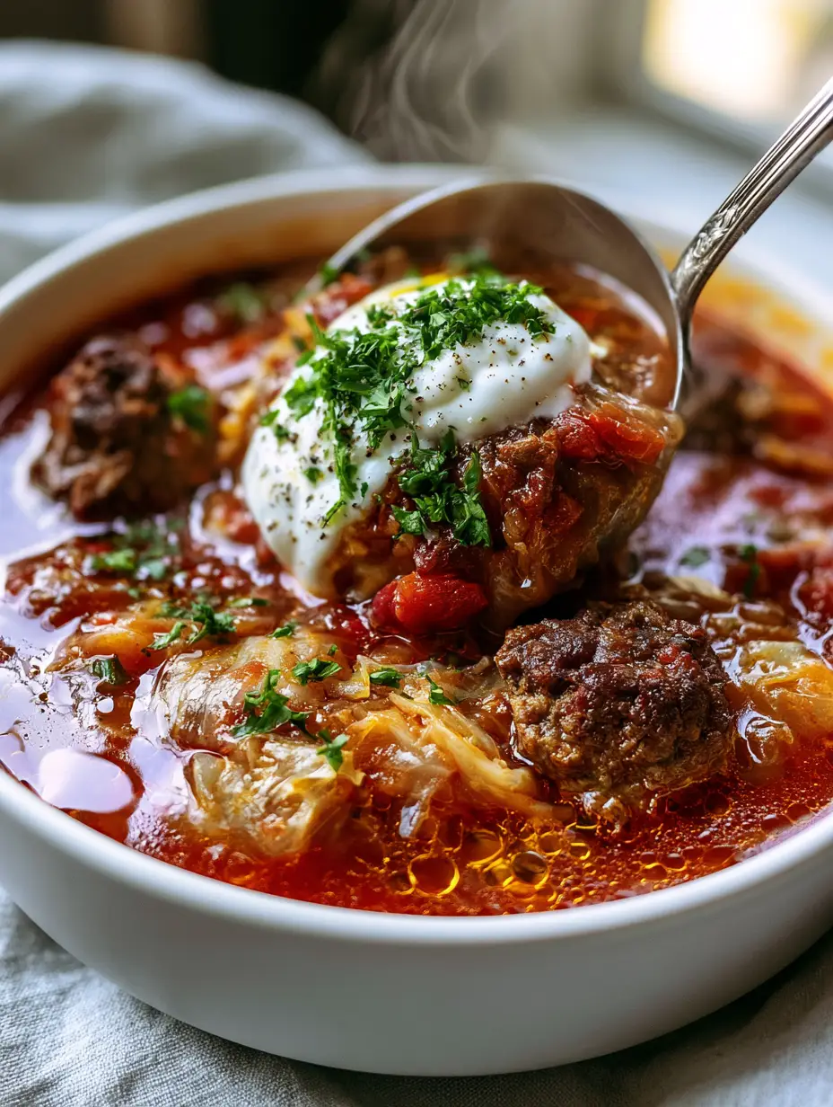 Cabbage Roll Soup: The Best Unstuffed Comfort Food Recipe 3 Extreme macro close-up of cabbage roll soup showing shimmering oil droplets, seared beef, and translucent cabbage ribbons. (cabbage roll soup)