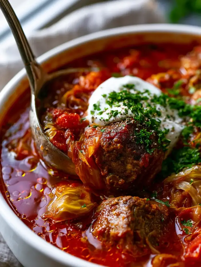 Cabbage Roll Soup: The Best Unstuffed Comfort Food Recipe 1 A silver ladle lifting a portion of cabbage roll soup from a rustic white pot, showing steam and rich tomato broth.