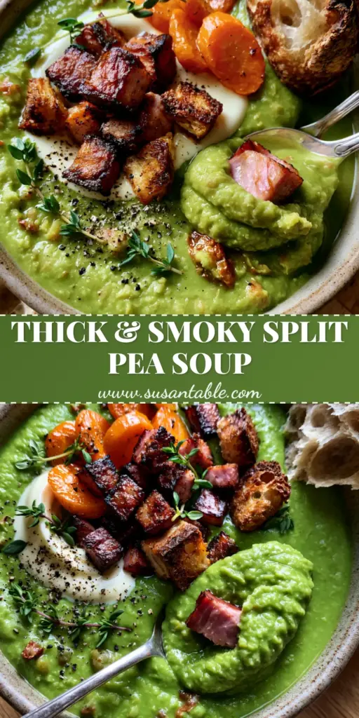 A vertical shot of thick vibrant green split pea soup topped with crispy seared ham, a heavy cream swirl, and golden sourdough croutons.