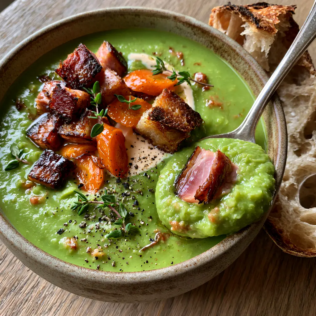 Close up of velvety split pea soup with a silver spoon lifting a piece of seared ham and cream swirl. (split pea soup)