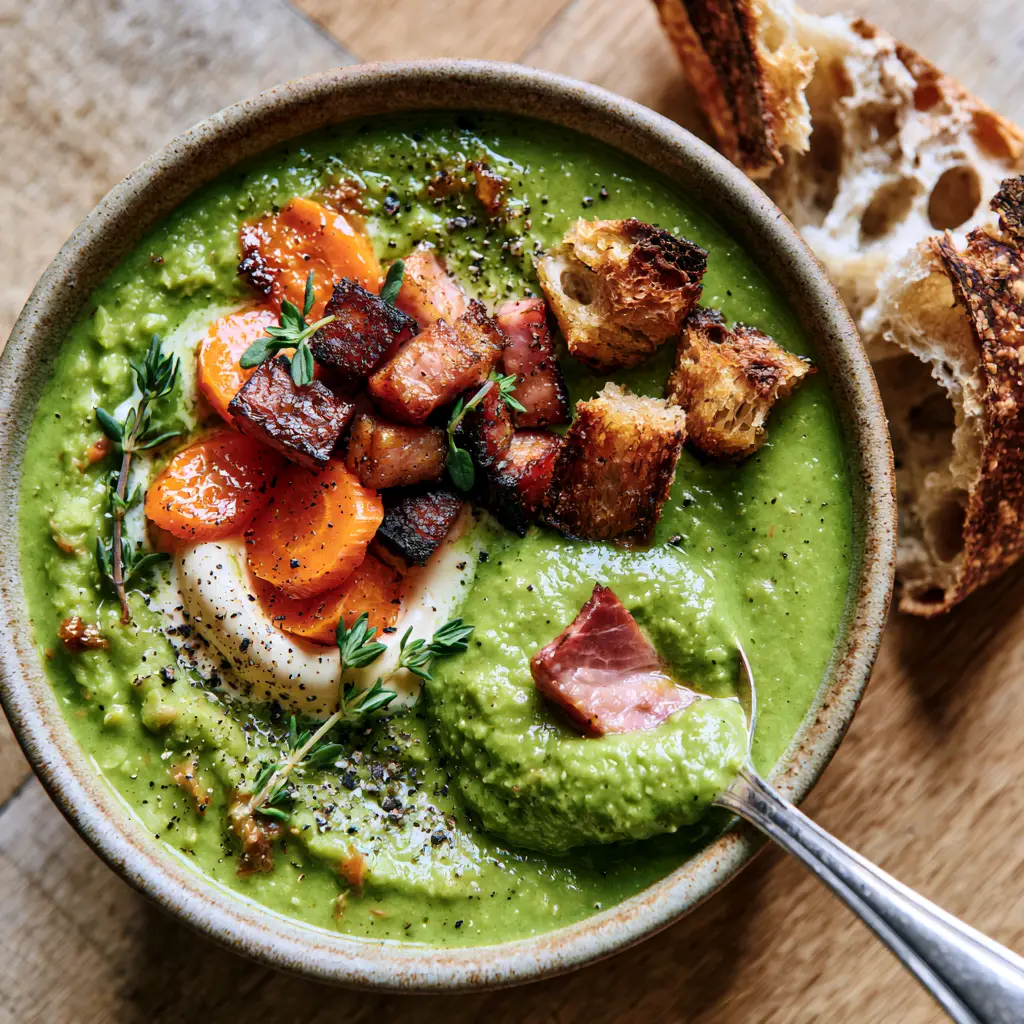 Top-down view of split pea soup in a rustic ceramic bowl with crusty sourdough bread on a wood table.
