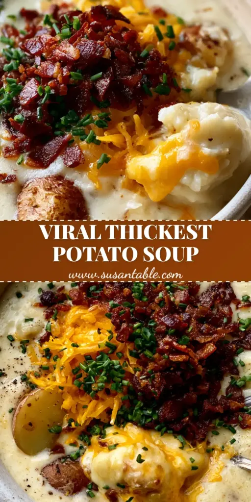 Loaded Potato Soup: The Ultimate Creamy Comfort Food Recipe 3 A rustic bowl of thick loaded potato soup topped with melted orange cheddar, crispy bacon bits, and fresh chives.