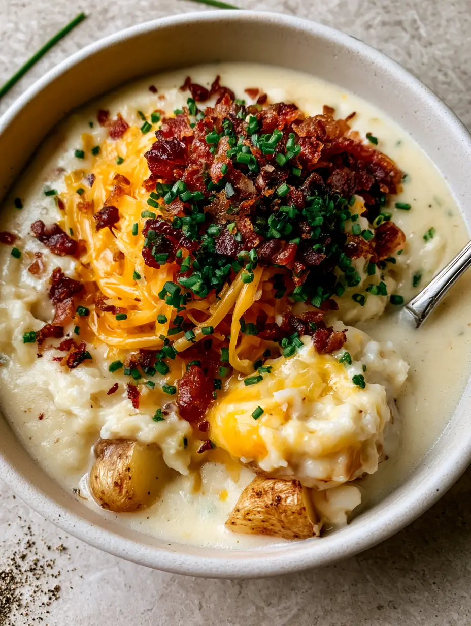 Loaded Potato Soup: The Ultimate Creamy Comfort Food Recipe 4 Extreme macro close-up of ivory loaded potato soup showing distinct gold potato chunks and gooey melted cheese.