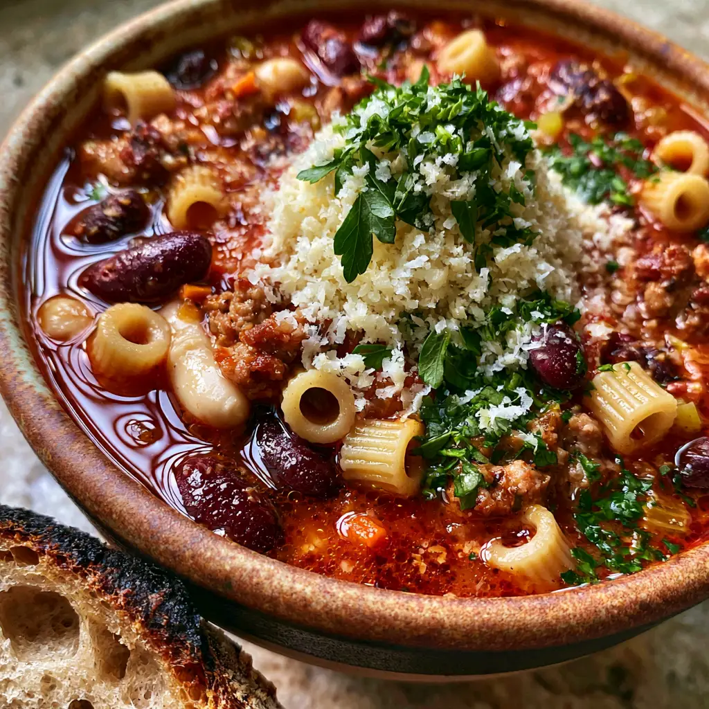 Extreme macro close-up of Pasta Fagioli soup showing glossy red broth, ditalini pasta tubes, and dark red kidney beans.