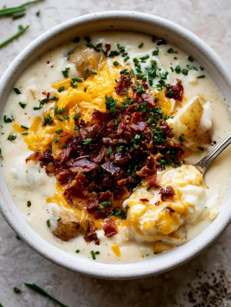 Loaded Potato Soup: The Ultimate Creamy Comfort Food Recipe 1 Handheld smartphone photo style shot of loaded potato soup with a silver spoon lifting a bite of cheese and bacon.