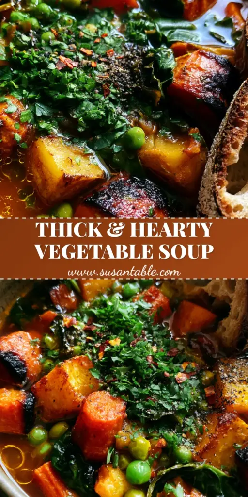 Homemade Vegetable Soup with Roasted Caramelized Root Vegetables 4 A rustic bowl of Homemade Vegetable Soup with roasted carrots, golden potatoes, and kale, served with toasted sourdough bread.