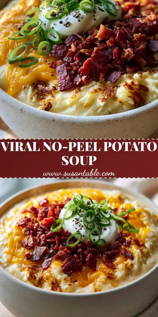 Crockpot Potato Soup With Shredded Hash Browns 3 A steaming bowl of thick Crockpot Potato Soup topped with melted cheddar, crispy bacon, and a dollop of sour cream on a wooden table.