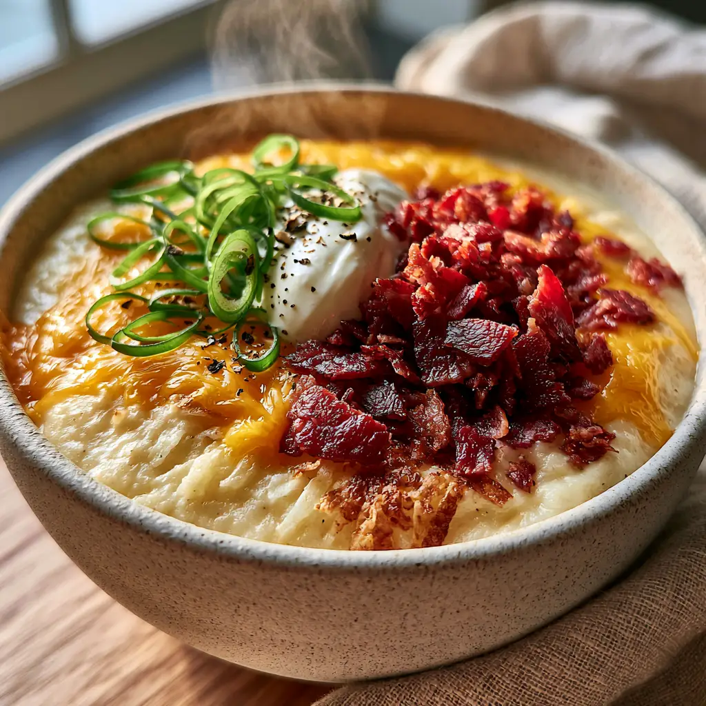 Close-up of a rustic white bowl filled with creamy ivory-colored potato soup and vibrant toppings. (Crockpot Potato Soup)