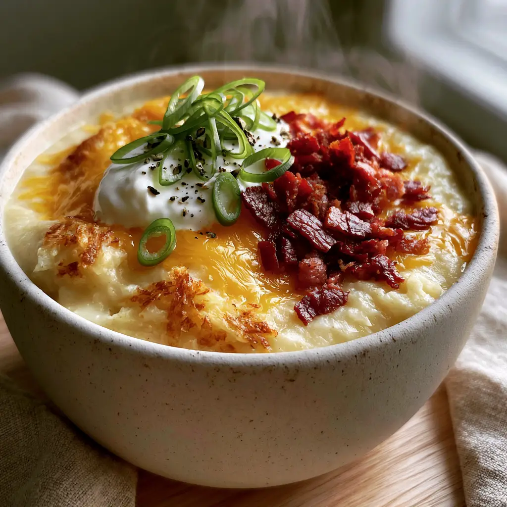 Crockpot Potato Soup With Shredded Hash Browns 1 Overhead shot of Crockpot Potato Soup featuring a heavy melt of sharp cheddar and crispy deep-red smoked bacon.