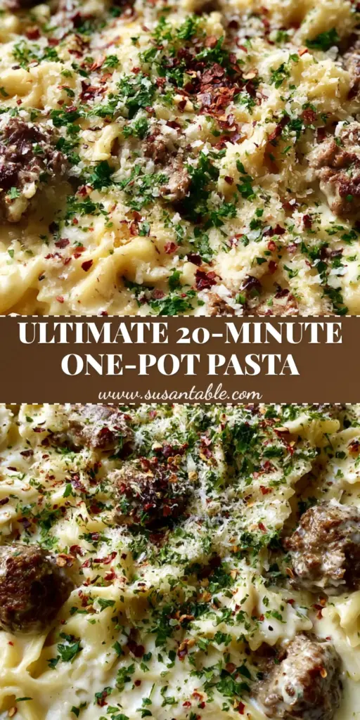 Creamy Parmesan Garlic Beef Bowtie Pasta 4 An overhead close-up of Creamy Parmesan Garlic Beef Bowtie Pasta in a matte charcoal pan, showing glossy white sauce and seared beef crumbles.