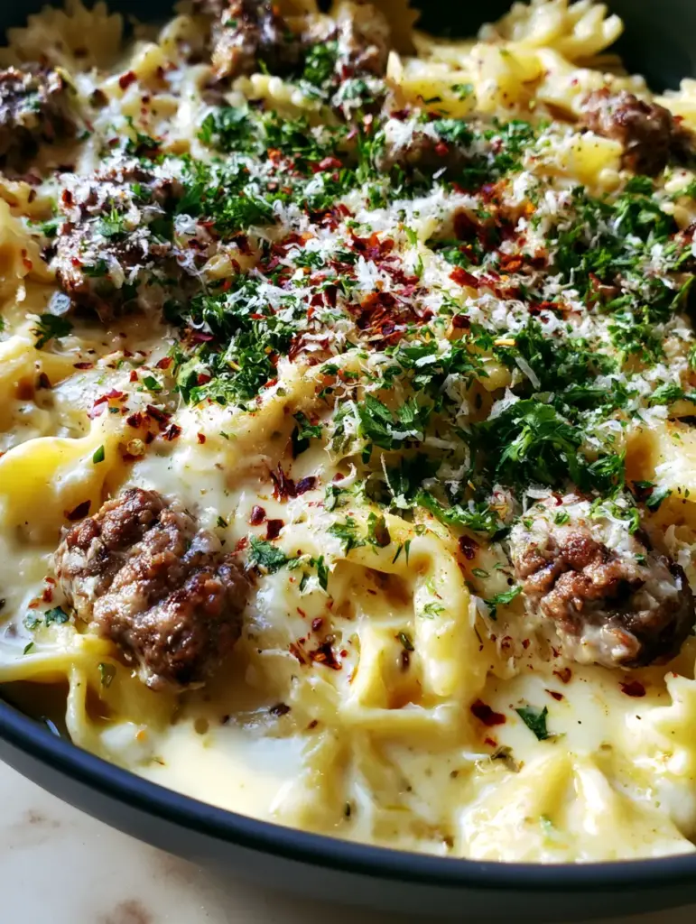 Close-up of glossy farfalle pasta and seared ground beef in a thick parmesan garlic cream sauce.