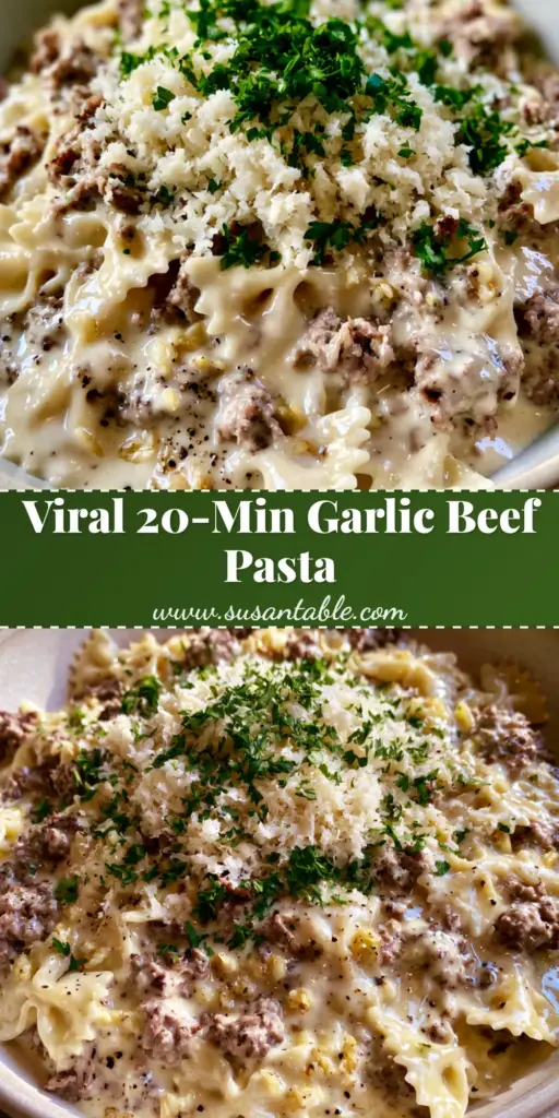 Parmesan Garlic Beef Bowtie Pasta: The Ultimate 30-Minute Dinner 4 A close up view of a comforting bowl of Parmesan Garlic Beef Bowtie Pasta featuring savory browned beef crumbles and a thick glossy ivory cream sauce garnished with fresh parsley.