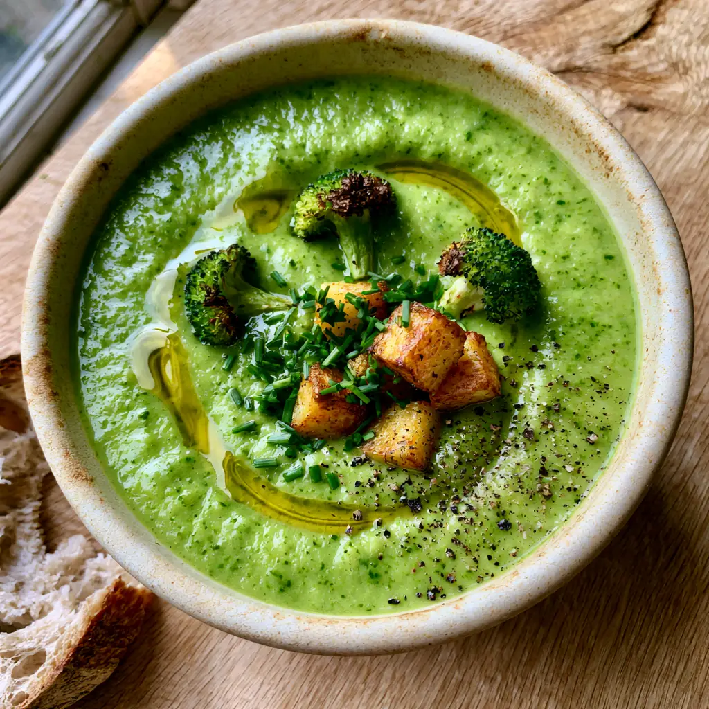 Broccoli Potato Soup: The Ultimate Creamy Emerald Green Comfort 2 Top-down view of Broccoli Potato Soup in a matte ceramic bowl with sourdough bread on the side. (Broccoli Potato Soup)