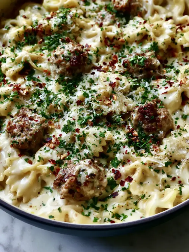 Creamy Parmesan Garlic Beef Bowtie Pasta 1 Creamy Parmesan Garlic Beef Bowtie Pasta garnished with fresh parsley and red pepper flakes on a marble countertop.