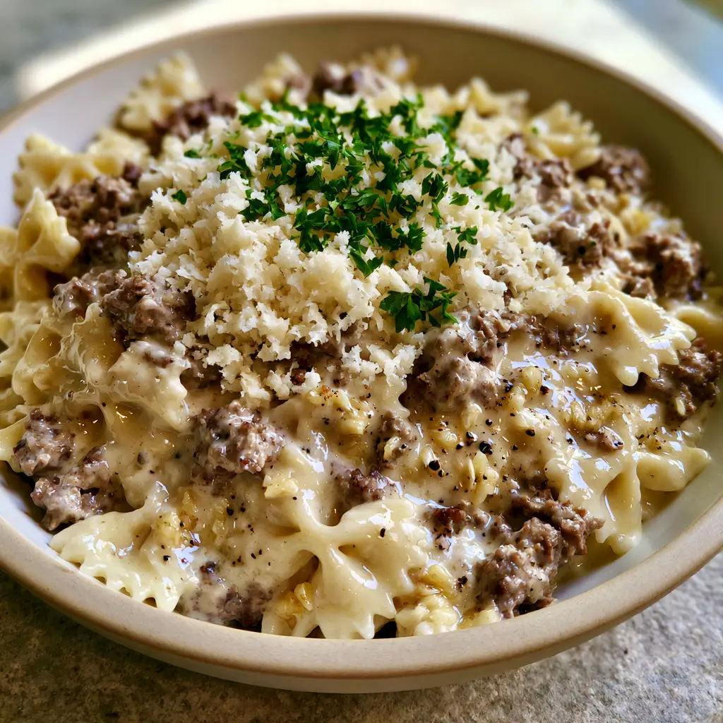 A shallow ceramic bowl on a neutral stone countertop filled with al dente bowtie pasta coated in a glossy garlic parmesan cream sauce and ground beef crumbles.