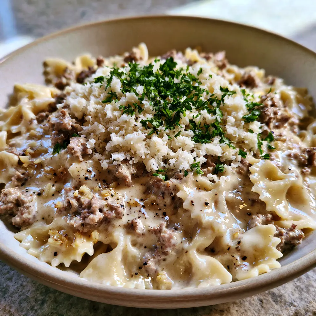 Parmesan Garlic Beef Bowtie Pasta: The Ultimate 30-Minute Dinner 1 An overhead kitchen shot showcasing a shallow bowl of Parmesan Garlic Beef Bowtie Pasta topped with finely grated fluffy parmesan cheese and vibrant fresh chopped parsley.