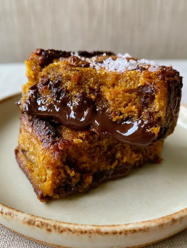 pumpkin chocolate chip cookies with Gooey Dark Chocolate and Sea Salt 2 A handheld photo of a freshly baked pumpkin chocolate chip cookie with caramelized crispy edges and flaky sea salt crystals.